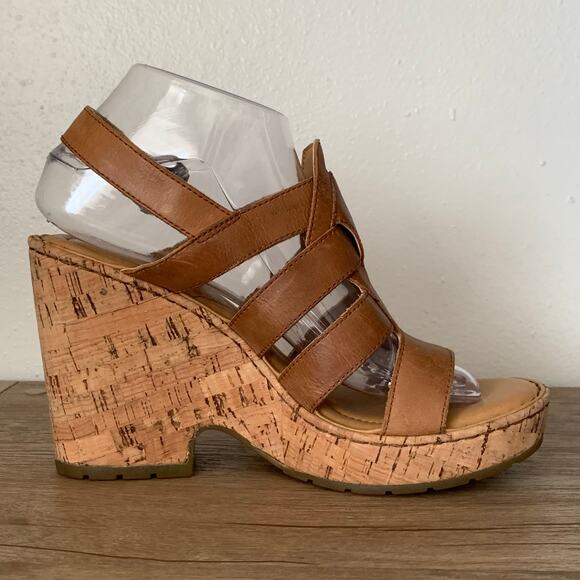 BORN Wedge Platform Sandal Bernese Cage Brown Leather Cork 9 US Buckle Slingback - Picture 8 of 15